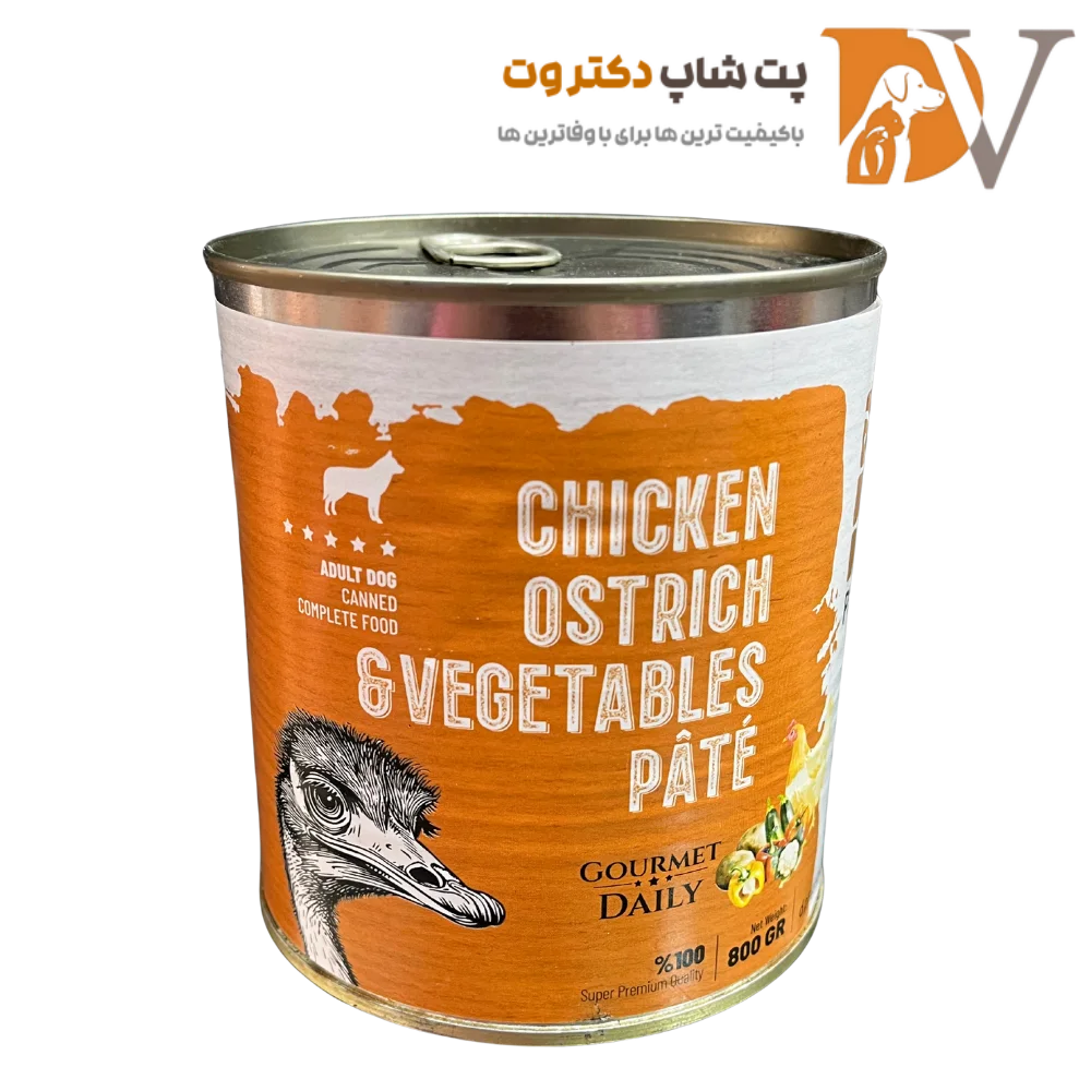 کنسرو پته سگ با طعم گوشت مرغ و شترمرغ و سبزیجات برند دی پی اس وزن 400 گرم