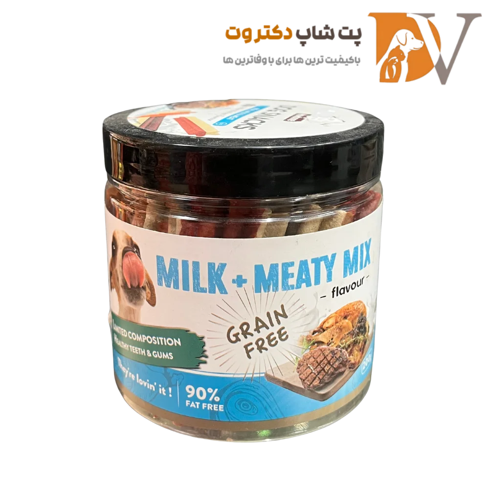 تشویقی سگ هابون طعم شیر و مخلوطی از گوشت ها Howbone milk & meaty mix وزن ۲۲۰ گرم