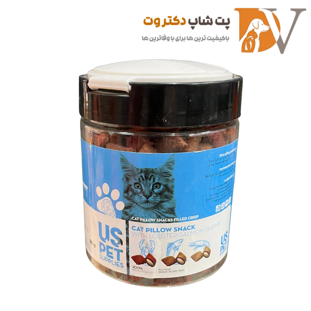 تشویقی گربه مغزدار طعم خرچنگ و سالمون و میگو یو اس پت 200 گرم